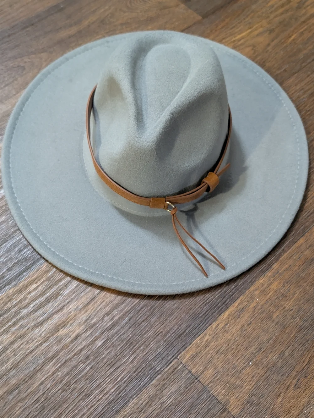 Boho Wide Brim Fedora Hat in Light Gray with Tan Faux Leather Band Cotton